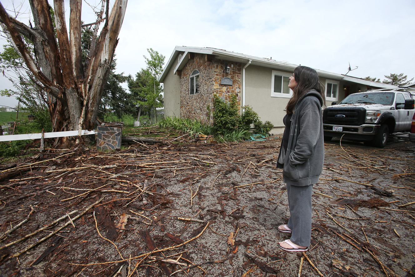 Dianne Roberg talks about what happened when lightning hit a dead tree in her front yard in West Jordan on Tuesday, April 30, 2019. The strike damaged a fence and debris from the tree broke out a window in the home. (Photo: Scott G Winterton, KSL)