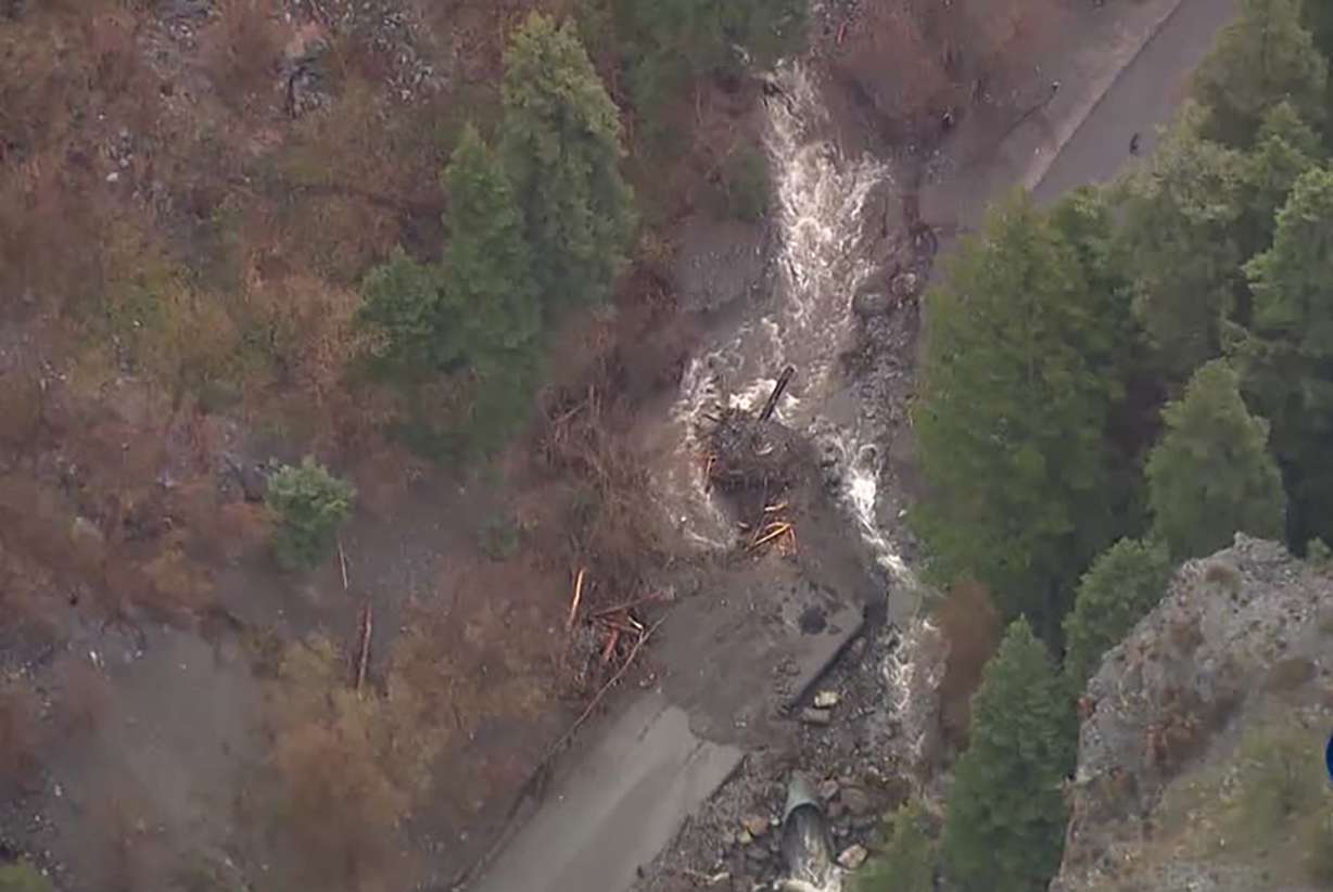 Unstable conditions in Santaquin Canyon after a mudslide prompts the U.S. Forest Service to implement a closure, even for people on foot, beyond the gate at the Trumbolt day use area Tuesday, April 30, 2019. Photo: Chopper 5, KSL TV
