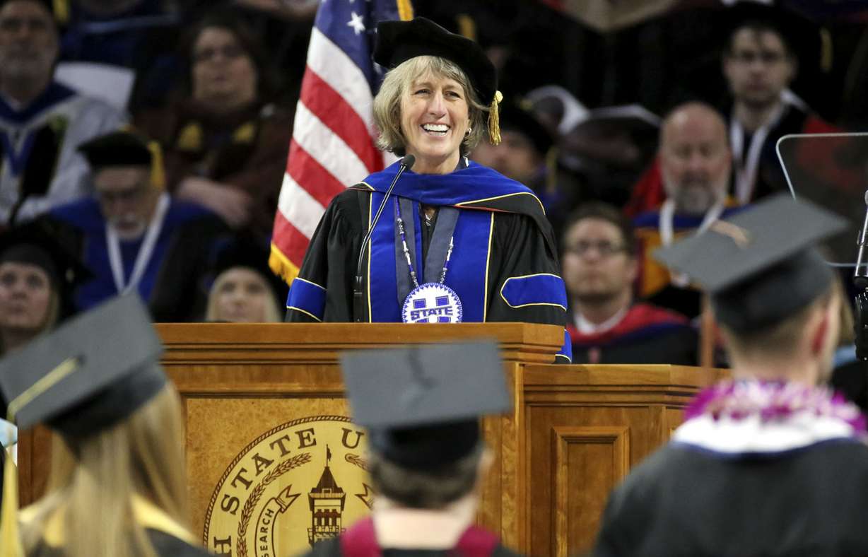 Utah State University president Noelle E. Cockett speaks during USU's commencement ceremony at the Dee Glen Smith Spectrum in Logan on Thursday, May 2, 2019. (Photo: Kristin Murphy, Deseret News)