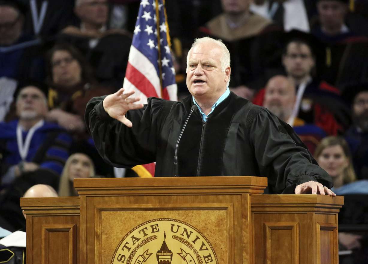 Eric E. Hipple addresses graduates during Utah State University's commencement ceremony at the Dee Glen Smith Spectrum in Logan on Thursday, May 2, 2019. (Photo: Kristin Murphy, KSL)