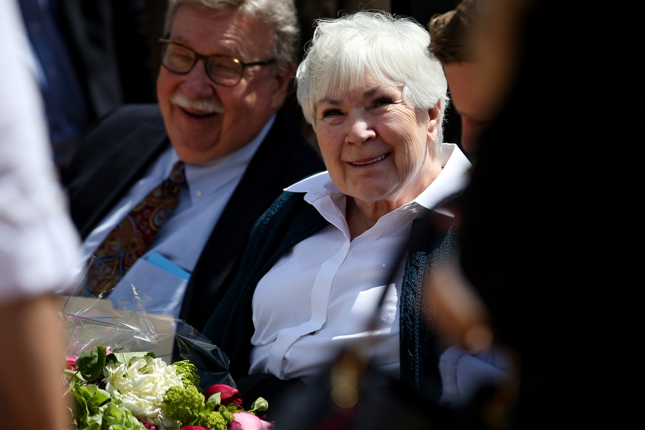 Gail Miller, owner of the Utah Jazz, chats with others at the site of the not-yet-finished Gail Miller Resource Center in Salt Lake City on Thursday, May 2, 2019. (Photo: Spenser Heaps, KSL)