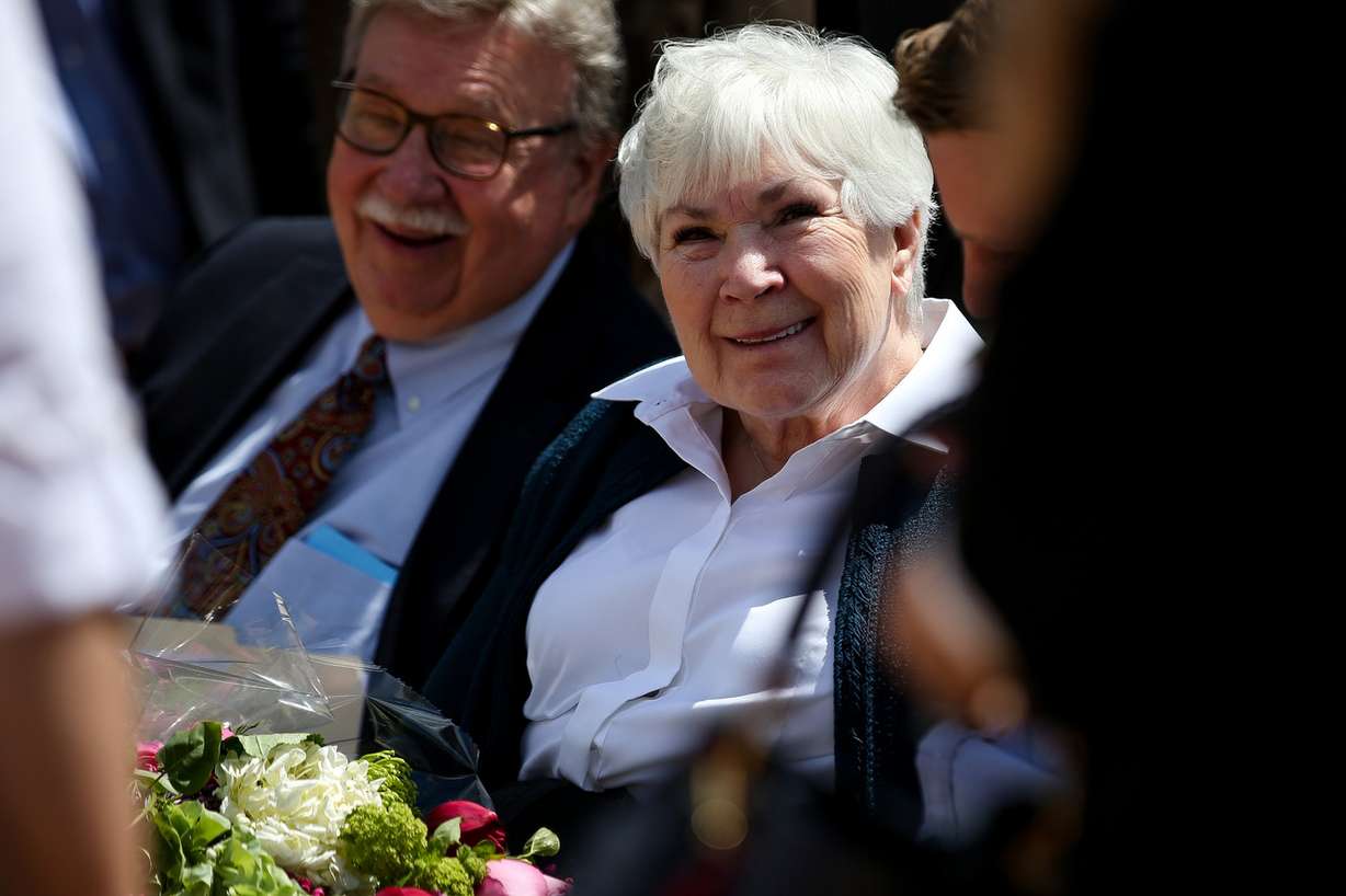 Gail Miller, owner of the Utah Jazz, chats with others at the site of the not-yet-finished Gail Miller Resource Center in Salt Lake City on Thursday, May 2, 2019. (Photo: Spenser Heaps, KSL)