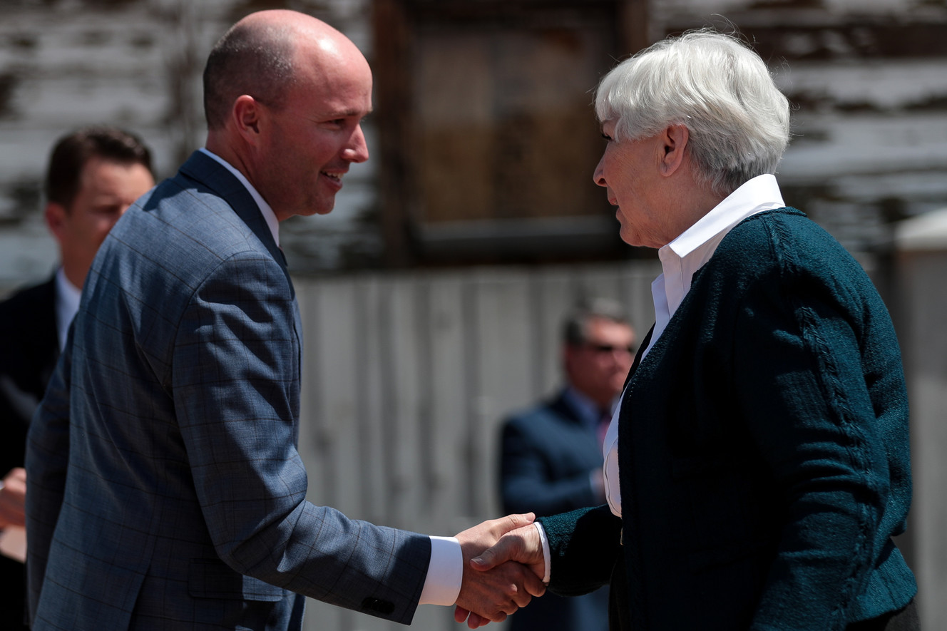 Lt. Gov. Spencer Cox greets Gail Miller, owner of the Utah Jazz, at the not-yet-finished Gail Miller Resource Center in Salt Lake City on Thursday, May 2, 2019. (Photo: Spenser Heaps, KSL)