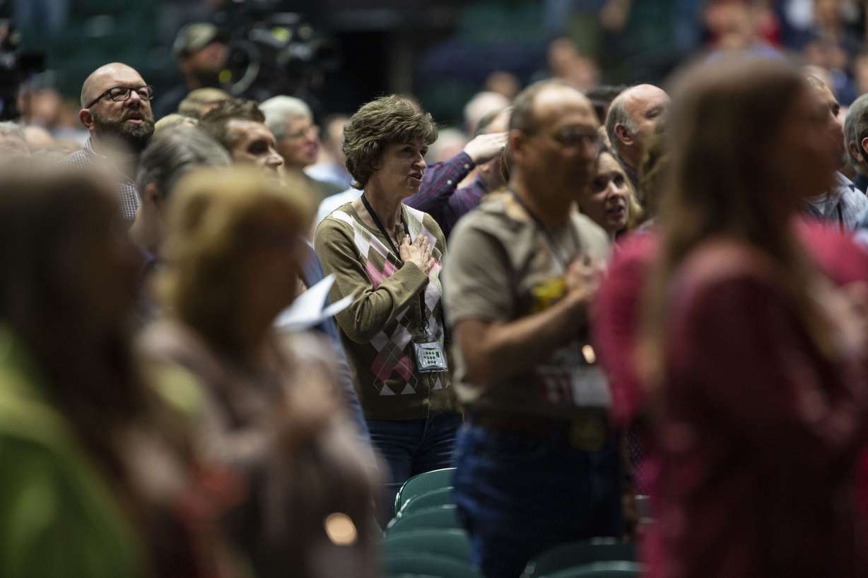 Attendees say the Pledge of Allegiance at the beginning of the Utah Republican Party convention at the Utah Valley University UCCU Center in Orem on Saturday, May 4, 2019. (Photo: Silas Walker, KSL)