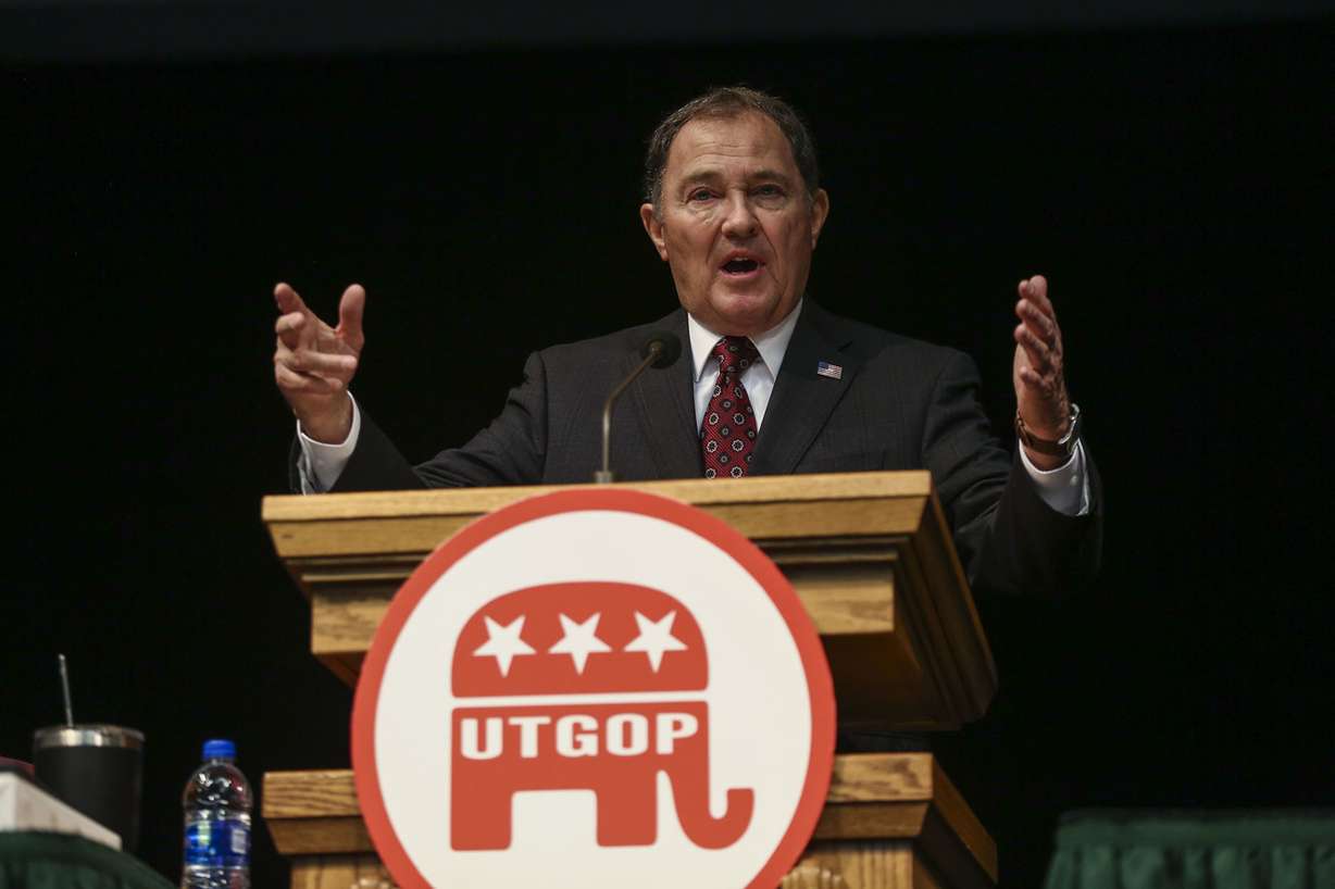 Utah Gov. Gary Herbert speaks at the Utah Republican Party convention at the Utah Valley University UCCU Center in Orem on Saturday, May 4, 2019. (Photo: Silas Walker, KSL)