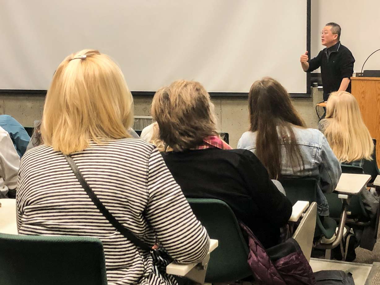Zhi Lin, a professor of painting and drawing at the University of Washington, speaks to a group of students and community members during a guest lecture at the University of Utah on Thursday, April 11, 2019. Lin has completed two art projects dedicated to honor the Chinese men who worked on the transcontinental railroad. (Photo: Carter Williams, KSL.com)