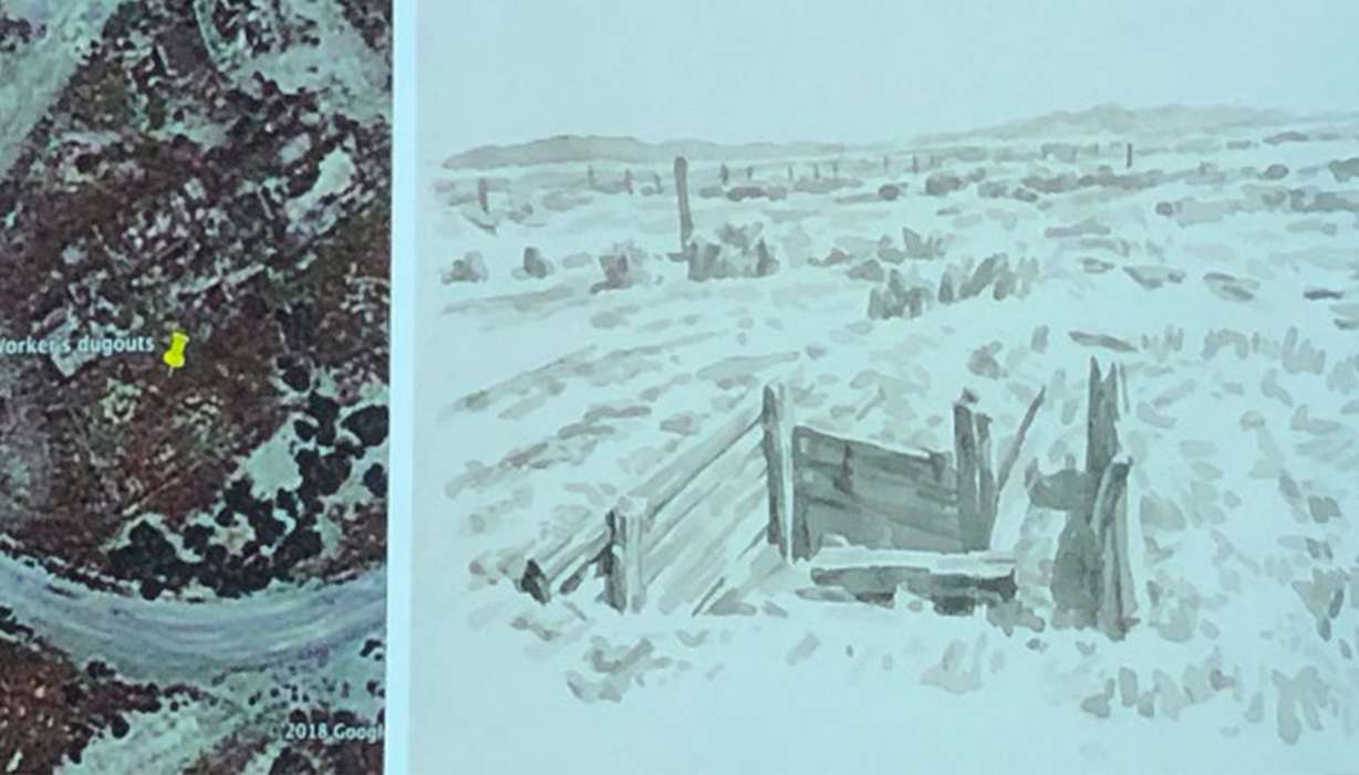 A Zhi Lin painting of a Chinese workers' dugout in northwestern Utah projected on a screen side-by-side with the location of the dugout during a lecture at the University of Utah on Thursday, April 11, 2019. Lin's paintings about the transcontinental railroad cover parts of California, Nevada and Utah. (Photo: Carter Williams, KSL.com)