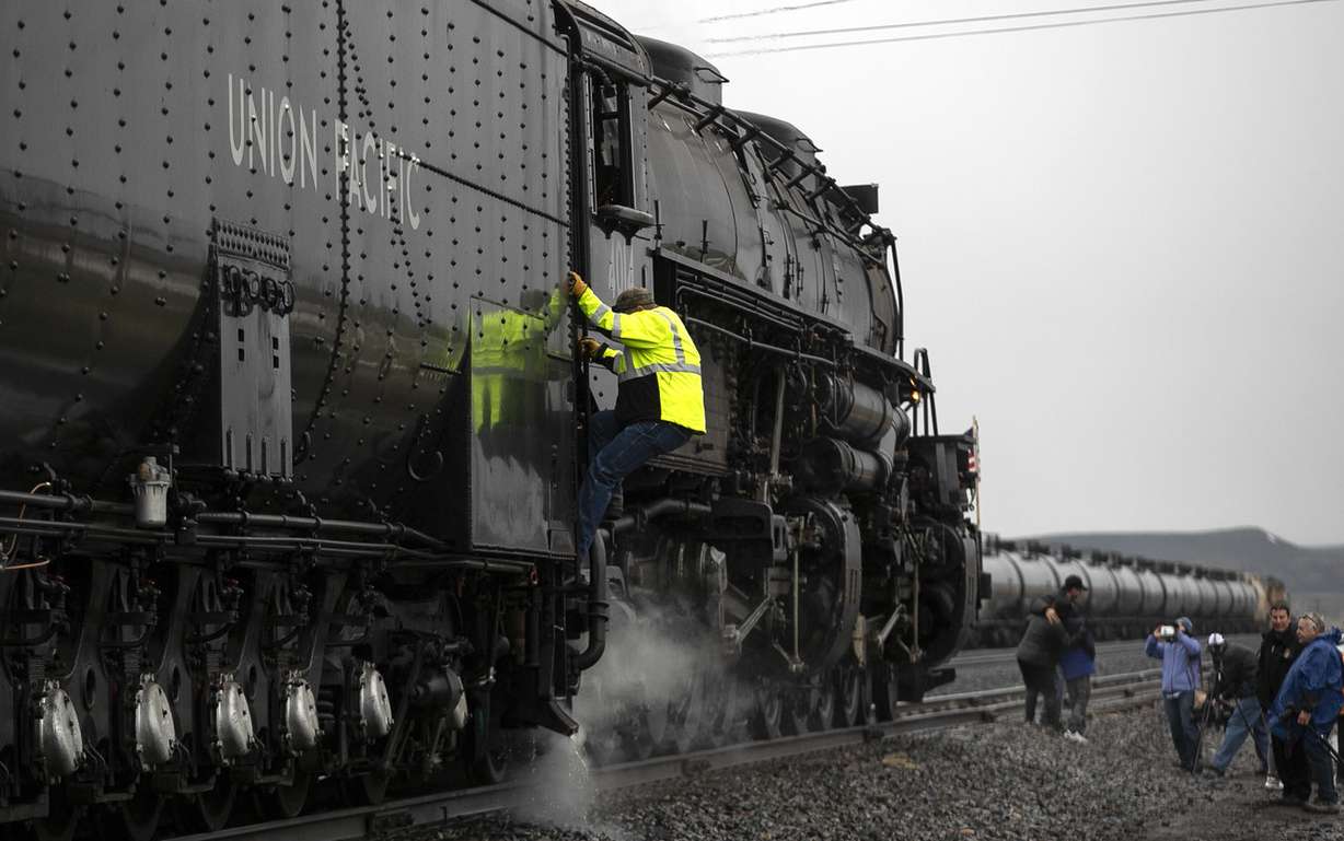 Union Pacific’s historic steam locomotive — Big Boy No. 4014 — prepares to leave Evanston, Wyoming, on the way to Ogden as part of the celebration of the 150th anniversary of the transcontinental railroad. (Photo: Steve Griffin, KSL)