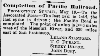 An Associated Press article that ran in the May 11, 1869, edition of the New Orleans Commercial Bulletin. (Photo: Google Newspaper Archive)