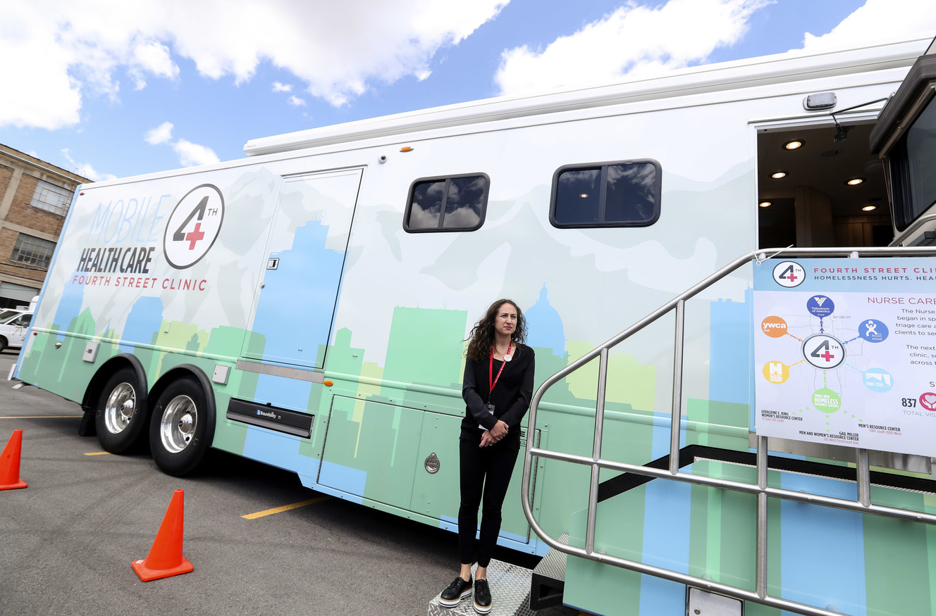 Michele Goldberg, medical director of the Fourth Street Clinic, is pictured in Salt Lake City on Thursday, May 9, 2019, with new mobile clinic that will serve the homeless Utahns. (Photo: Steve Griffin, KSL)