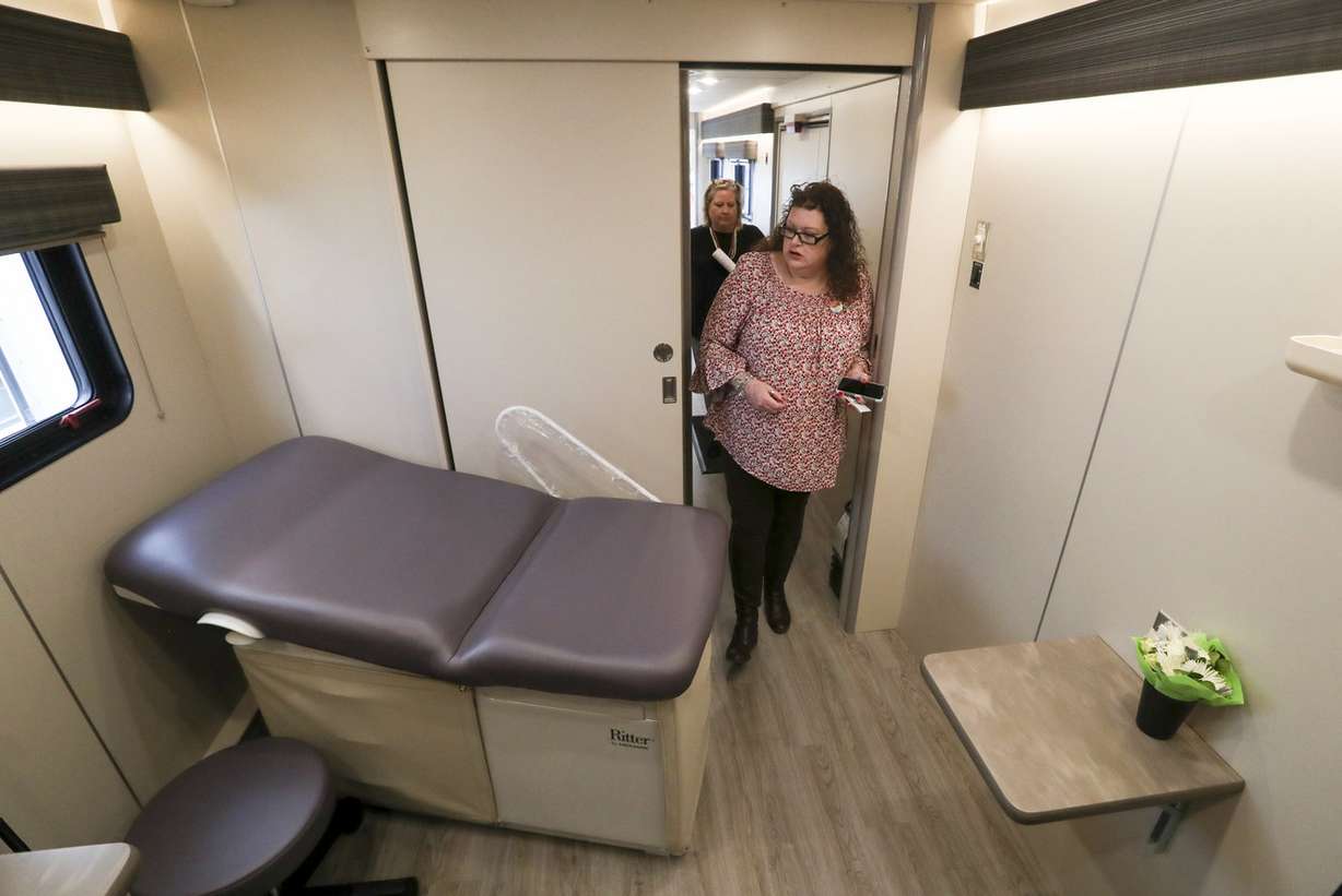Fourth Street Clinic patient Maggie Grimyser tours the clinic’s new mobile clinic in Salt Lake City on Thursday, May 9, 2019. (Photo: Steve Griffin, KSL)