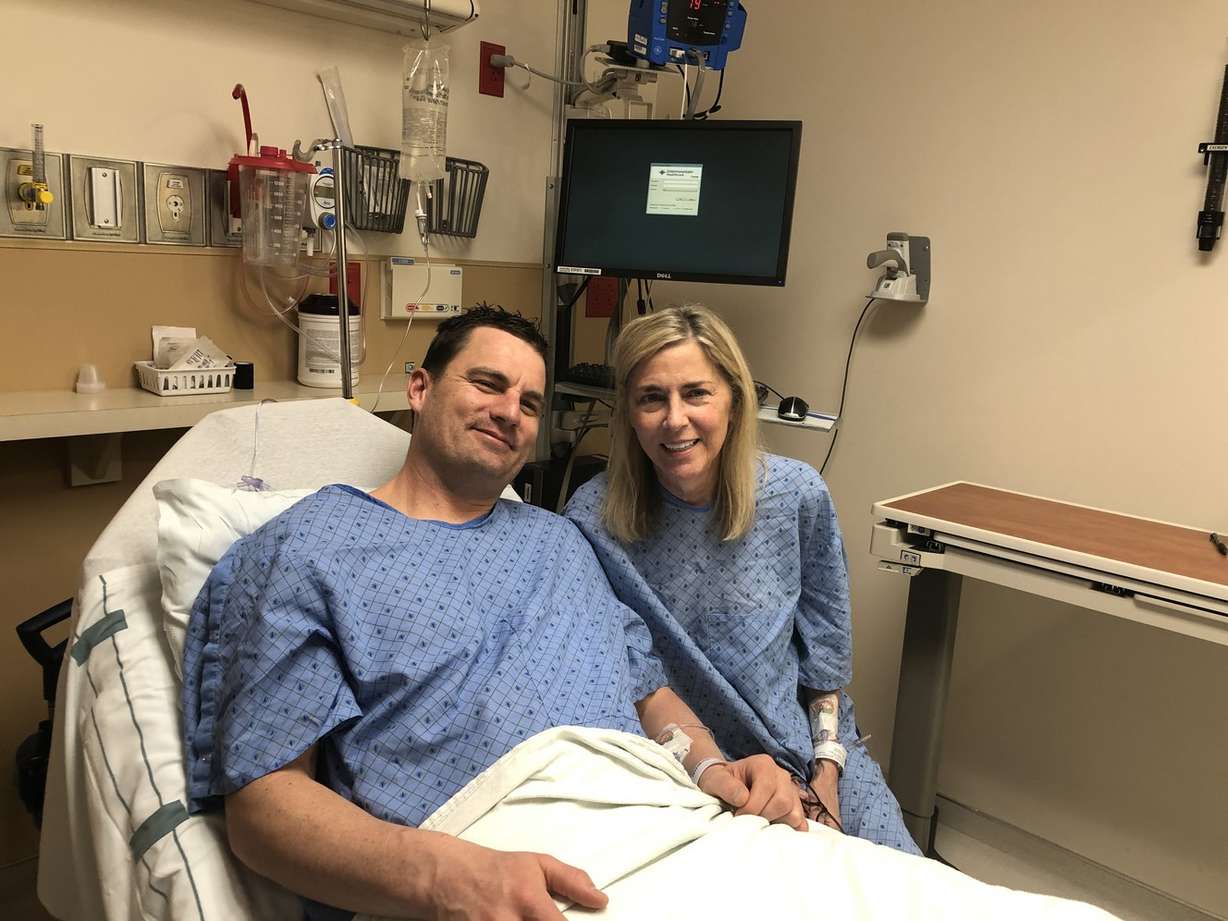 Brandon Finlayson, 37, and his mother, Gwen Finlayson, 63, sit together prior to liver transplant surgery at Intermountain Medical Center in Murray on Feb. 6, 2019. (Photo: Intermountain Healthcare)