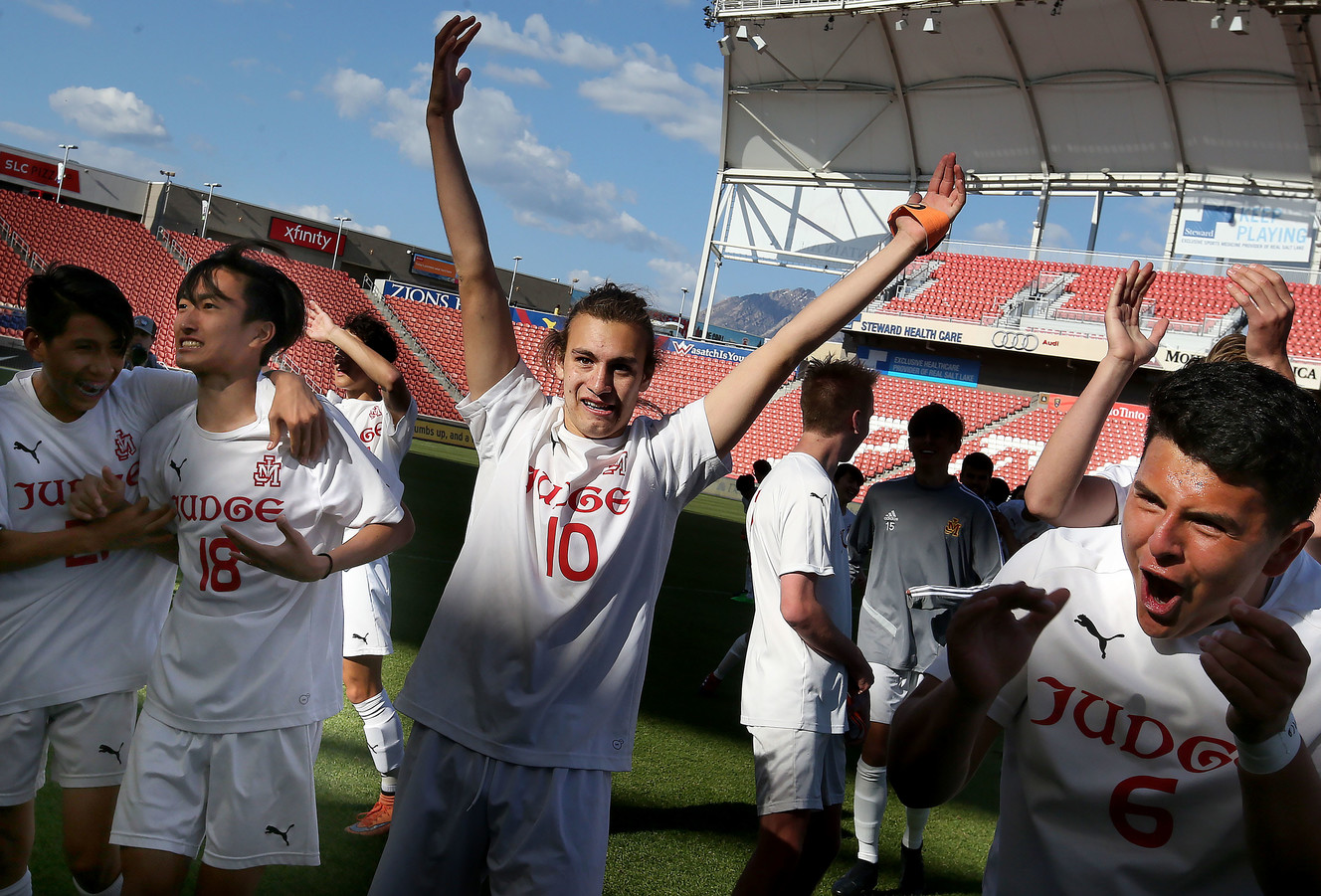 Judge Memorial celebrates their 3A state championship win against Summit Academy at Rio Tinto Stadium in Sandy on Friday, May 10, 2019. (Photo: Laura Seitz, KSL)