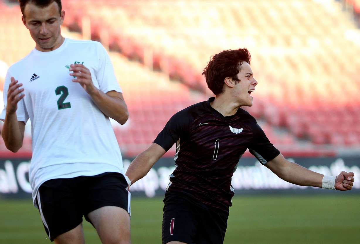 Layton Christian's Marco Fransisco cheers after scoring against Rowland Hall's James Corcoran in the 2A state championship game at Rio Tinto Stadium in Sandy on Friday, May 10, 2019. (Photo: Laura Seitz, KSL)