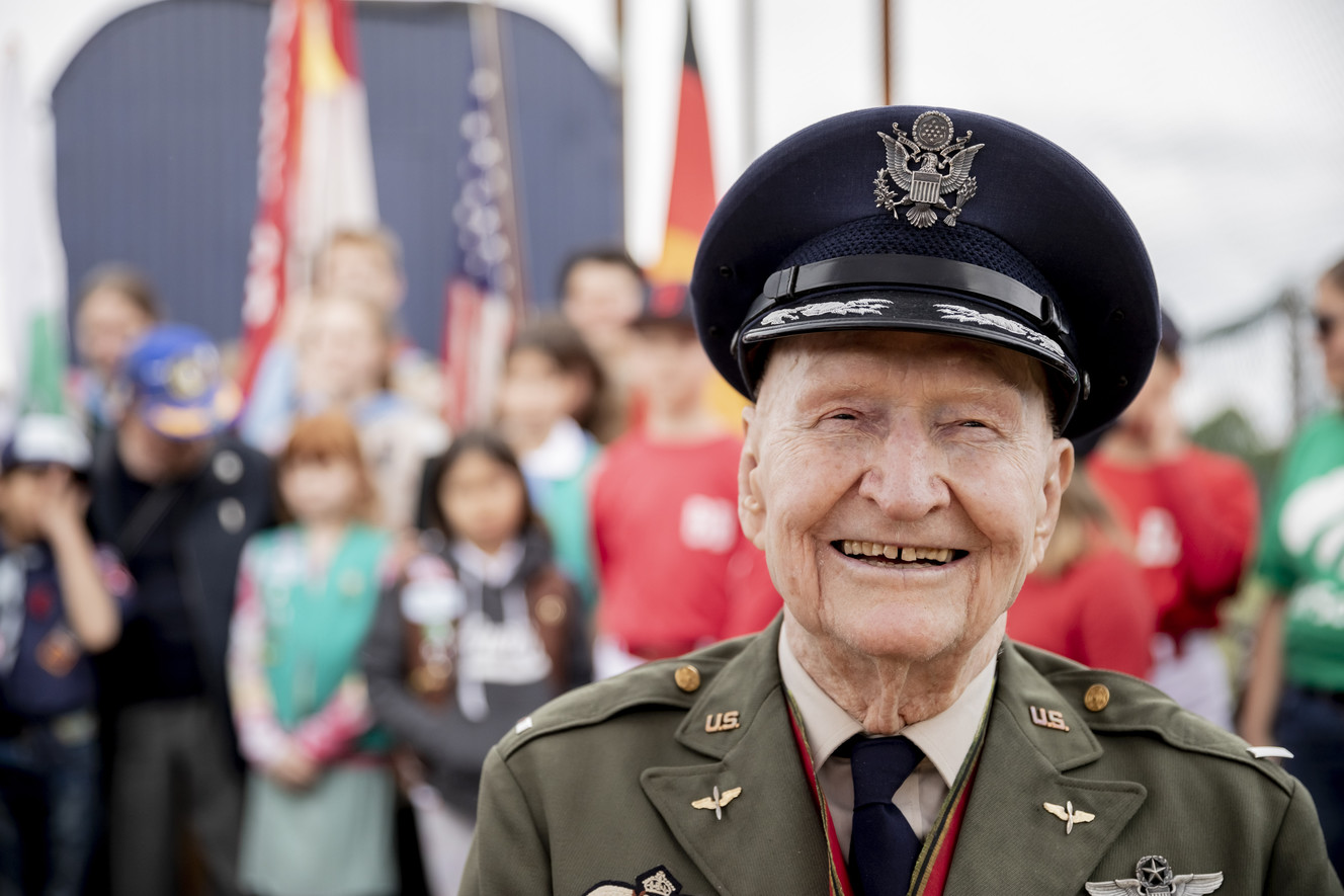 Retired Col. Gail Halvorsen, who lives in Utah County, attends a ceremony to dedicate the baseball and softball field of the Berlin Braves baseball team in 'Gail Halvorsen Park' in Berlin , Saturday, May 11, 2019. Halvorsen is known as the "Candy Bomber," "Chocolate Pilot," and "Uncle Wiggly Wings," for the small candy-laden parachutes he dropped from his aircraft to children during the Berlin Airlift of 1948-1949. (Photo: Christoph Soeder, DPA)