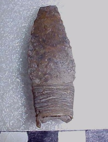 This is projectile point with sinew attached to a shaft fragment that was stolen from the Danger Cave Artifact Education Kit. (Photo: Ron Rood)