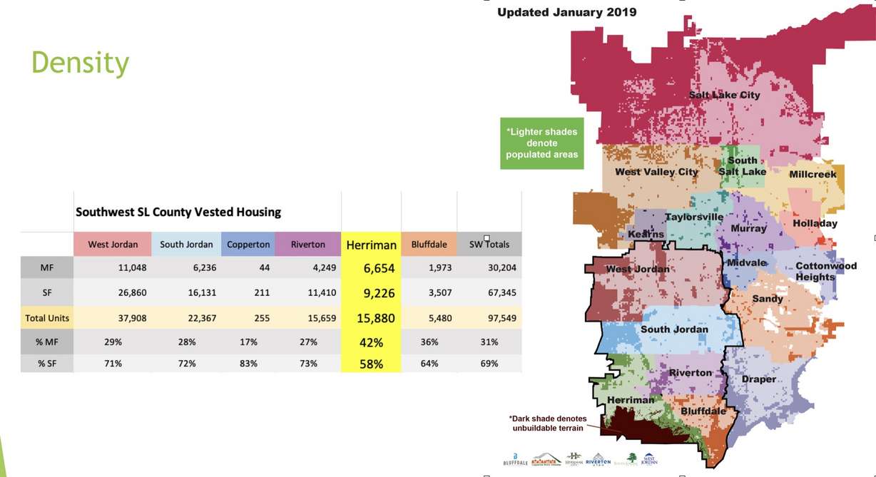 A map that shows the density of Salt Lake County cities as of Jan. 2019. The lighter shades indicate density. (Photo: Herriman City)
