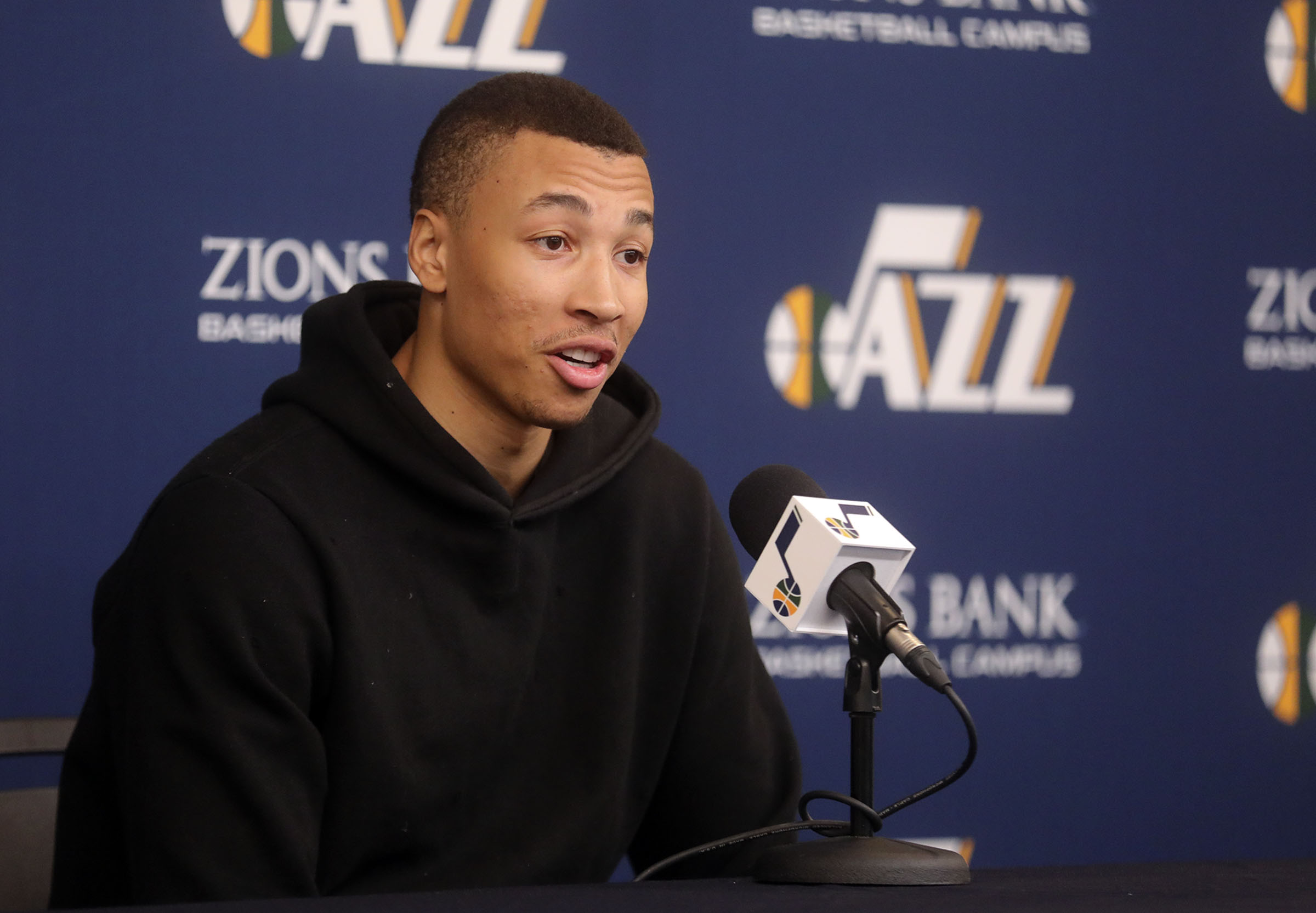 Utah Jazz guard Dante Exum talks to members of the media at the Zions Bank Basketball Center in Salt Lake City on Thursday, April 25, 2019. The Utah Jazz season ended with Wednesday's loss to Houston in the playoffs. (Kristin Murphy, KSL)