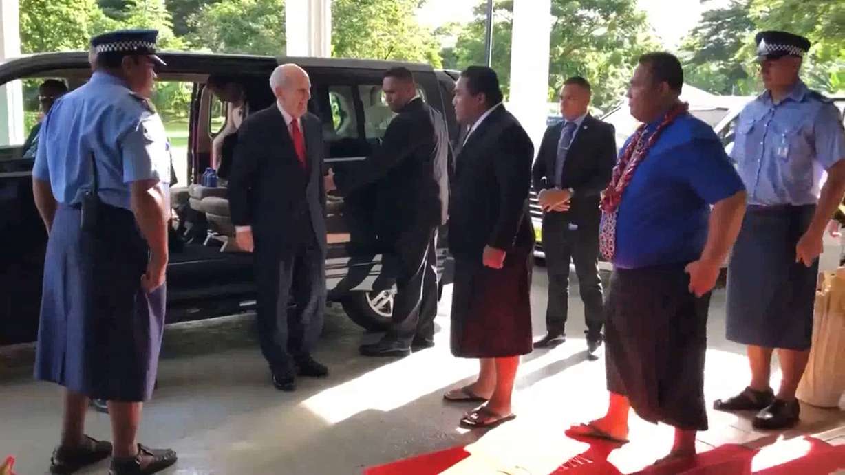 President Russell M. Nelson, the president and prophet of The Church of Jesus Christ of Latter-day Saints, had a police escort from the airport to the residency of Samoa's head of state, which was his first stop. (Photo: KSL TV)