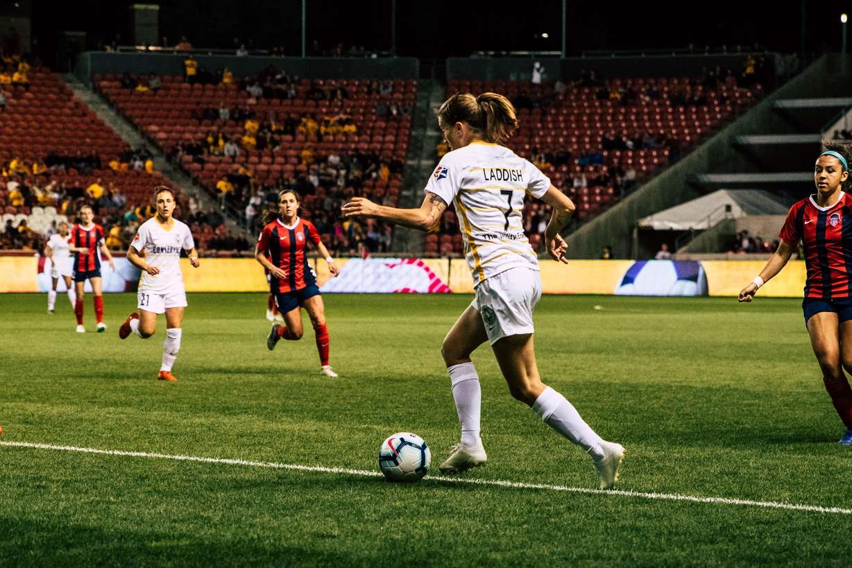 Utah Royals FC midfielder Mandy Laddish possesses the ball during the team's season-opening win over the Washington Spirit on April 20, 2019 at Rio Tinto Stadium in Sandy, Utah. (Courtesy photo: Utah Royals FC)