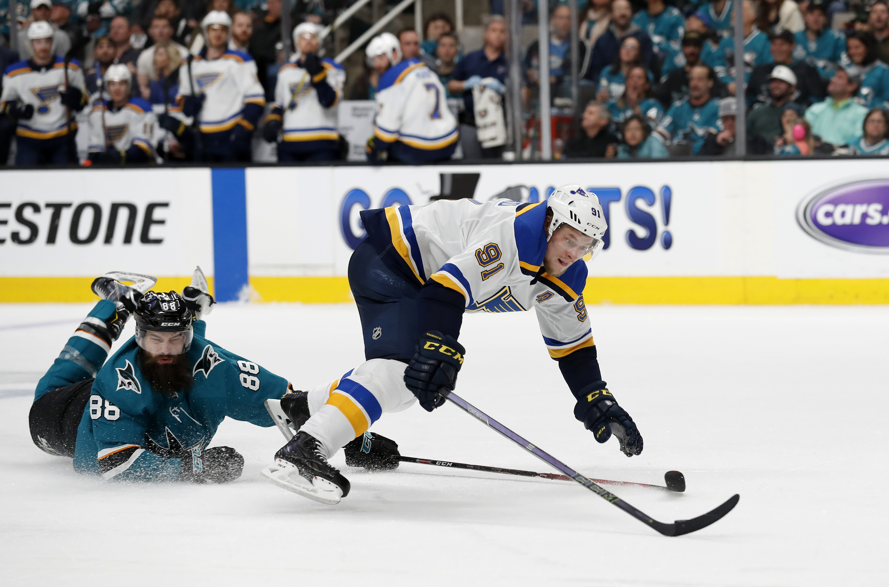 Blues move to brink of Cup final with 5-0 win over Sharks