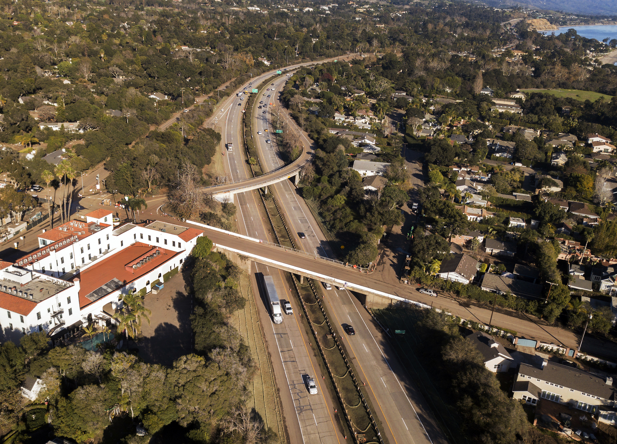 FILE - This Jan. 22, 2018 file photo from a news agency drone shows U.S. Highway 101 open to vehicle traffic in Montecito, Calif., after heavy rain brought flash flooding and mudslides that covered the highway two weeks earlier. Photo: Daniel Dreifuss, AP Photo
