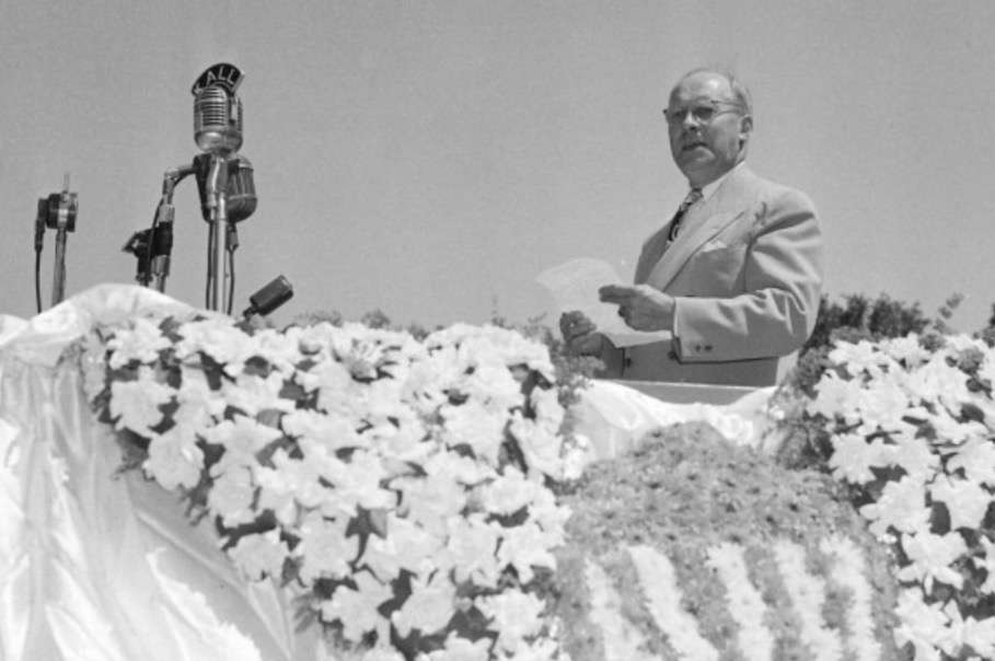 Ross Beason, Sr., addresses a crowd of about 10,000 during a ceremony dedicating the Meditation Chapel at Memory Grove on Sunday, July 25, 1948. Beason's son, Ross Beason, Jr., was killed off the coast of Italy and Beason paid $125,000 out of pocket for the chapel to honor all Utah soldiers whose bodies were never recovered after World War II. (Photo: Utah State History)