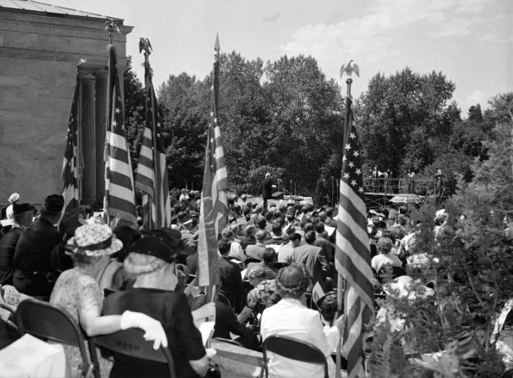 People attend a ceremony dedicating the Meditation Chapel at Memory Grove in Salt Lake City on Sunday, July 25, 1948. Newspaper reports indicate about 10,000 people attended the event. (Photo: Utah State History)
