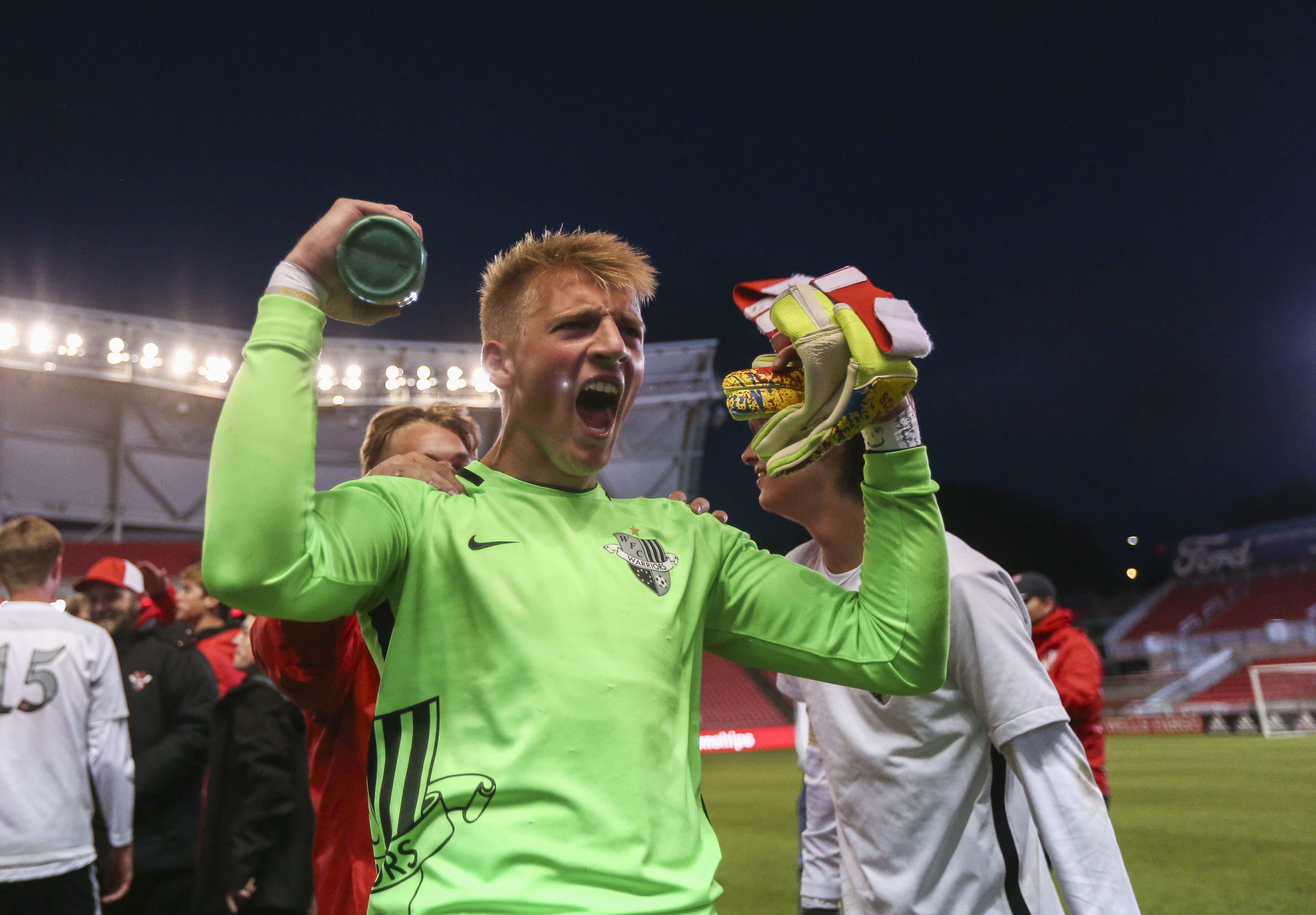 The Weber Warriors goalie Charles Wheelwright (88) celebrates defeating the Copper Hills Grizzlies during the UHSAA 6A Soccer Championship game at Rio Tinto Stadium in Sandy on Thursday, May 23, 2019. (Photo: Silas Walker, KSL)