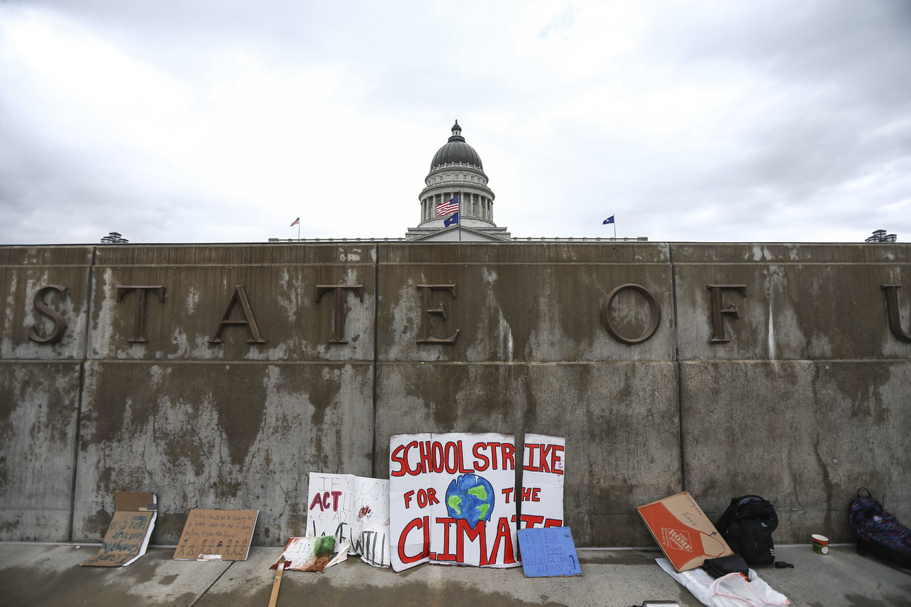 Signs from Utah the second Global Youth Climate Strike at the Capitol in Salt Lake City are pictured on Friday, May 24, 2019. (Photo: Silas Walker, KSL)