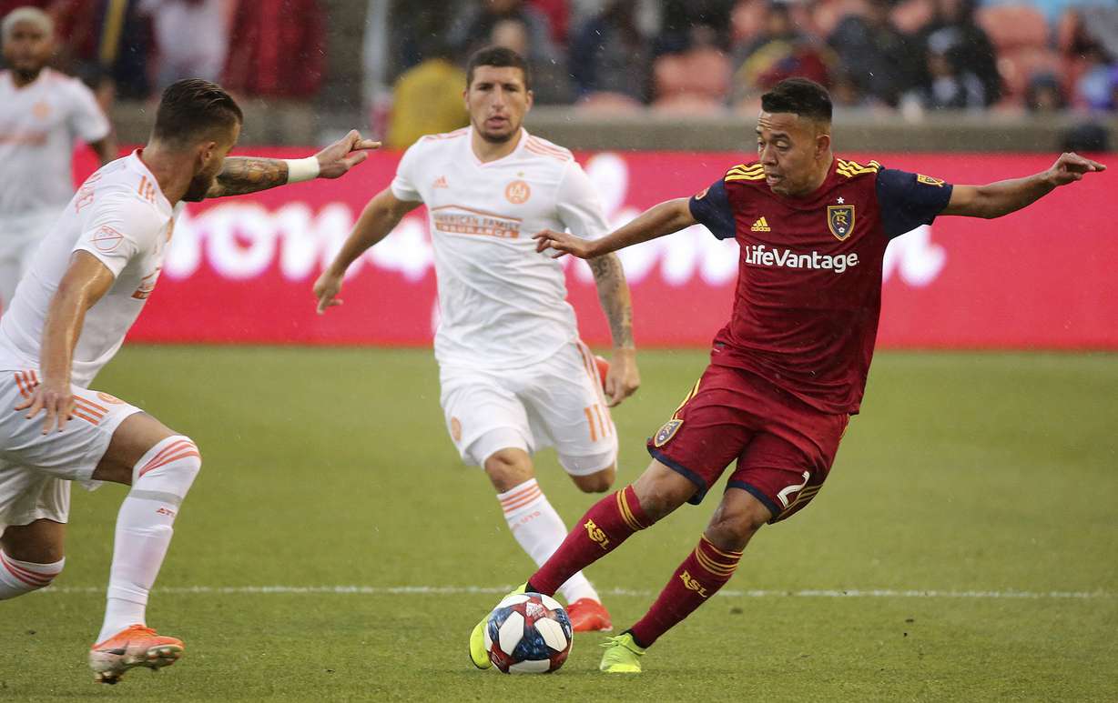 Real Salt Lake midfielder Sebastian Saucedo (23) dribbles the ball during an MLS game against Atlanta United at Rio Tinto Stadium in Sandy, on Friday, May 24, 2019. Real Salt Lake won 2-1. (Photo: Kristin Murphy, KSL)