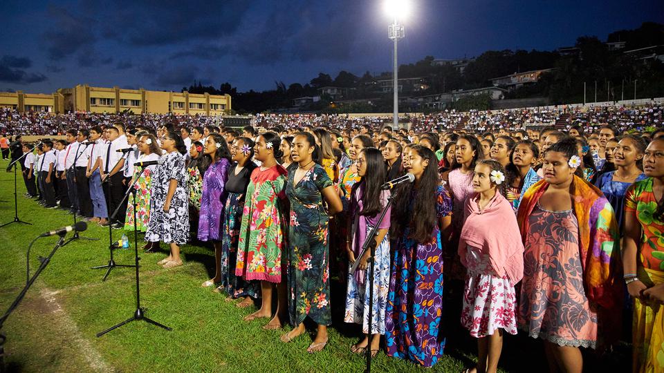 Latter-day Saint youth performers sing at the 175th anniversary cultural celebration of the missionaries in Tahiti and attended by Church President Russell M. Nelson on Friday, May 24, 2019. (Photo: Intellectual Reserve)