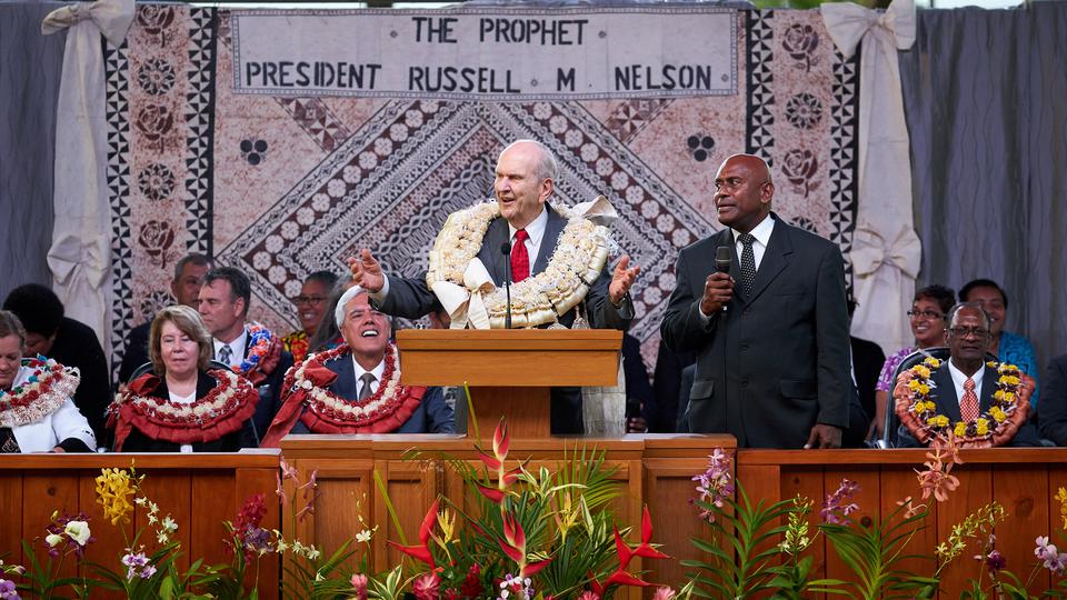 President Russell M. Nelson thanks the Latter-day Saints in Fiji for their faith during a devotional on May 22, 2019. (Photo: Intellectual Reserve)