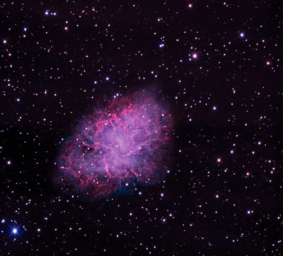 The Crab Nebula, Messier 1, is seen here in a photo by Paul Ricketts of the University of Utah Physics and Astronomy Department and members of the Salt Lake Astronomical Society. It was taken in late 2017 by remote control from the university's South Physics Building in Salt Lake City, using the 32-inch telescope in the Willard L. Eccles Observatory near Milford, Beaver County, Utah. The image was assembled from numerous sub-exposures by Don J. Colton. (Photo: Paul Ricketts and the Salt Lake Astronomical Society; processing by Don J. Colton)