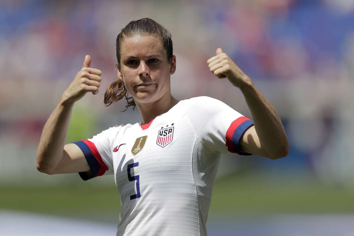 Kelley O'Hara, a defender for the United States women's national team, which is headed to the FIFA Women's World Cup, is introduced for fans during a send-off ceremony following an international friendly soccer match against Mexico, Sunday, May 26, 2019, in Harrison, N.J. The U.S. won 3-0. (AP Photo/Julio Cortez)