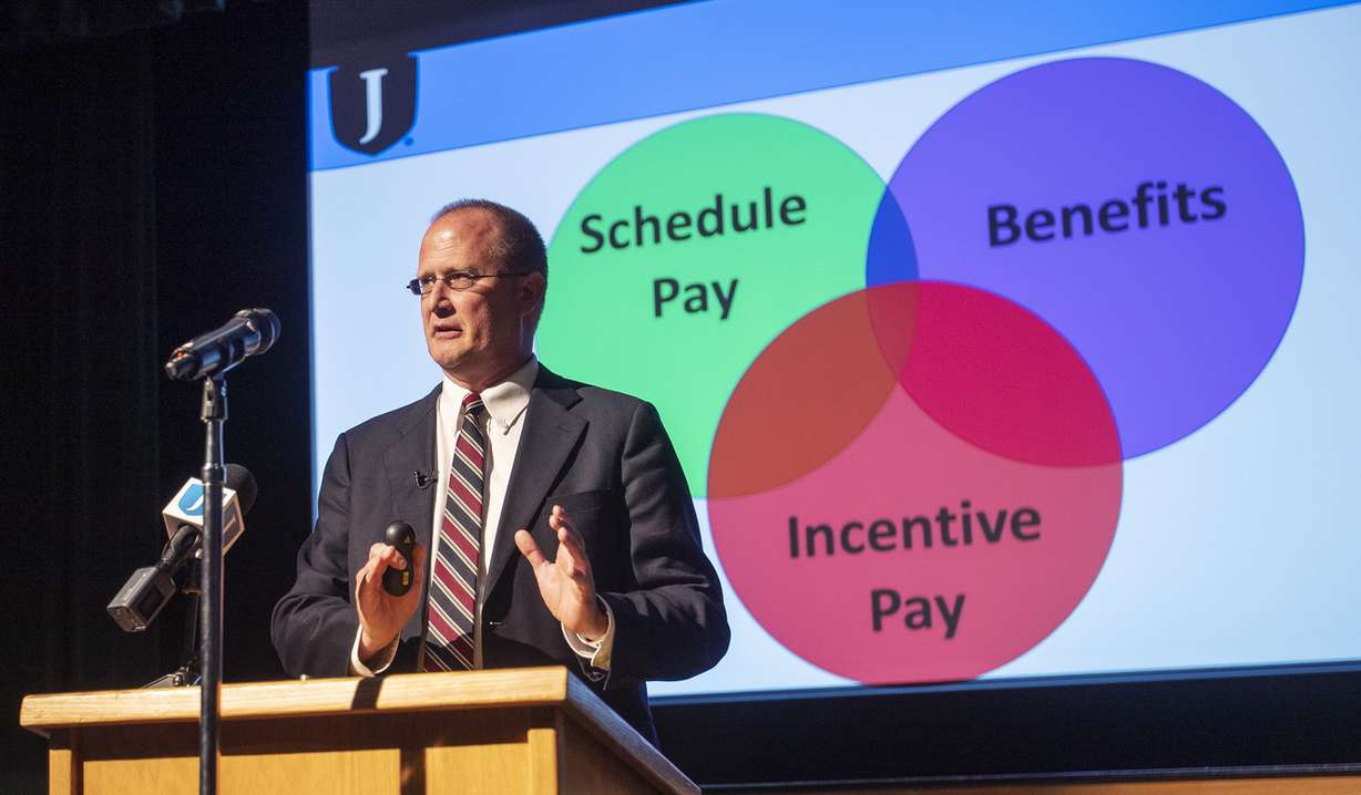 Jordan School Board President Bryce Dunford announces potential teacher raises during a presentation for teachers at Elk Ridge Middle School in South Jordan on Wednesday, May 29, 2019. (Photo: Scott G Winterton, KSL)