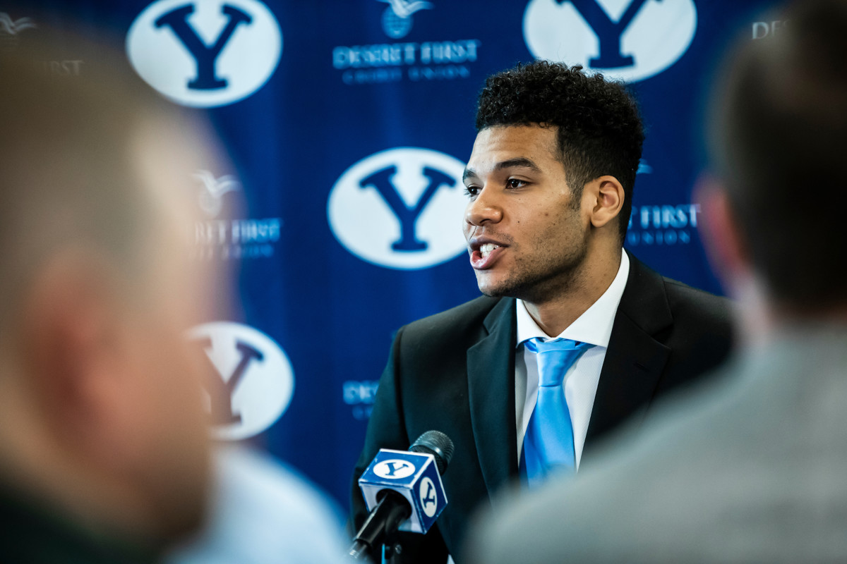 BYU basketball player Yoeli Childs speaks to the media during a press conference Thursday, May 30, 2019, about returning to BYU after withdrawing from the NBA draft. (Photo: Nate Edwards, BYU Photo)