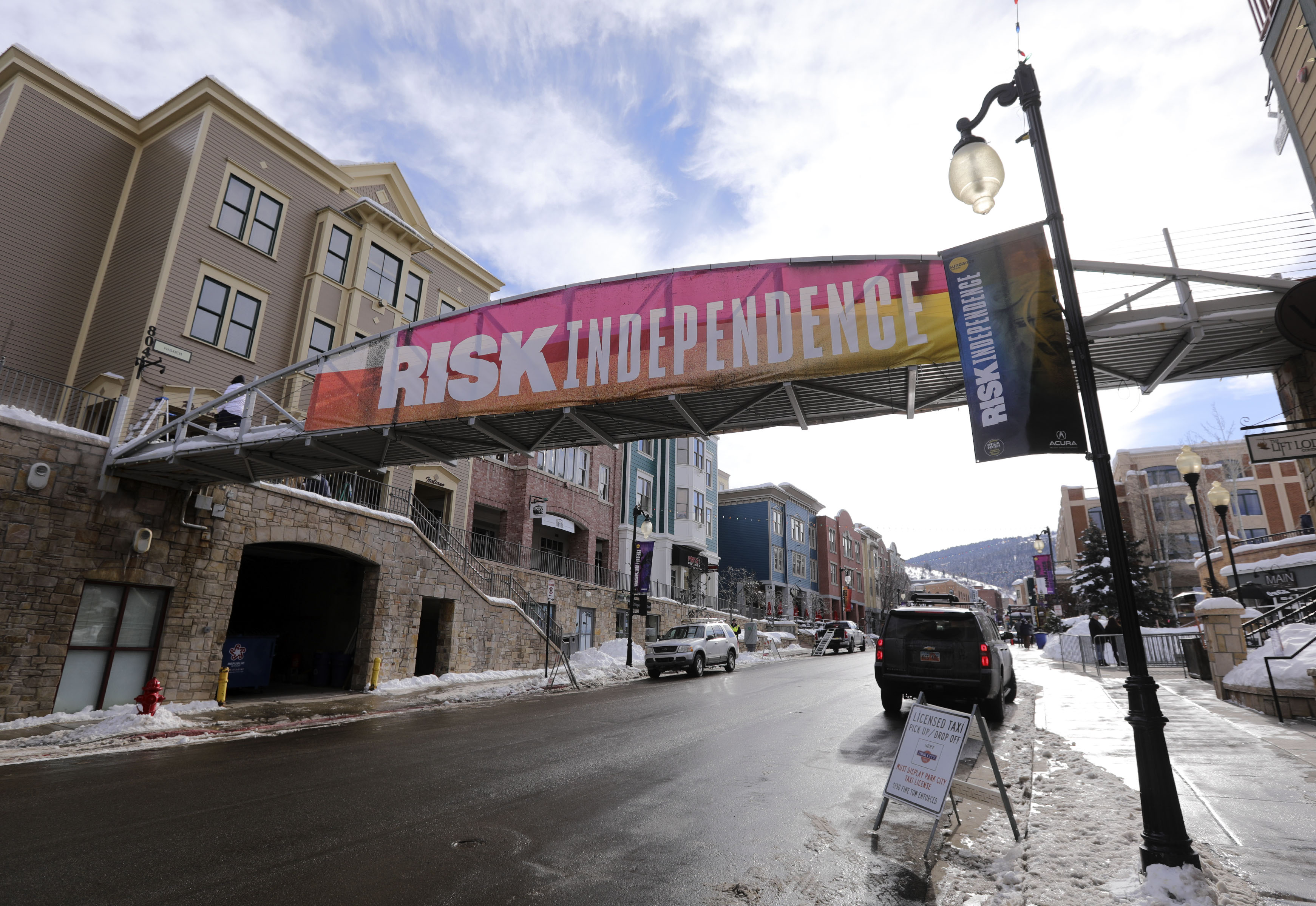 A banner for the Sundance Film Festival is seen in Park City in January 2019. Festival organizers announced more details Tuesday on how the 2022 festival will take place.