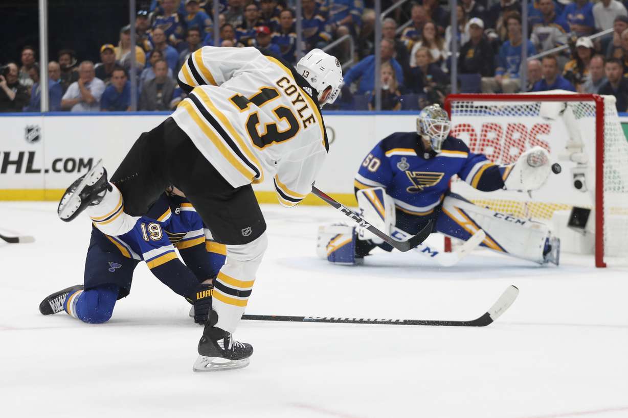 Boston Bruins center Charlie Coyle (13) scores a goal against St. Louis Blues goaltender Jordan Binnington (50) during the first period of Game 3 of the NHL hockey Stanley Cup Final Saturday, June 1, 2019, in St. Louis. (Photo: Jeff Roberson, AP)