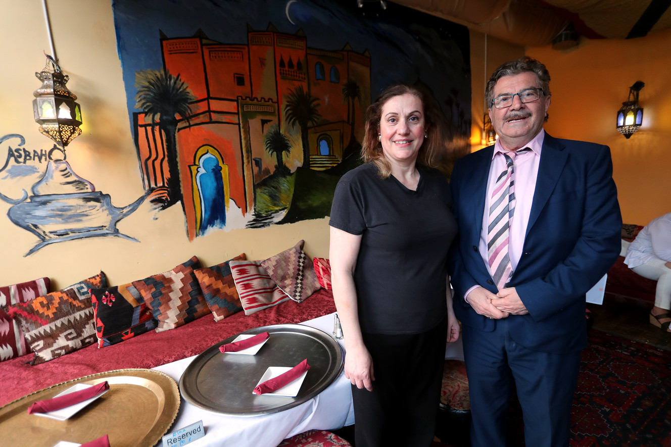 Marlen and Raffi Daghlian, owners of Cedars of Lebanon in Salt Lake City, pose for a photo during a break on Friday, May 24, 2019. The restaurant is preparing to close after 38 years in business. (Photo: Scott G Winterton, KSL)