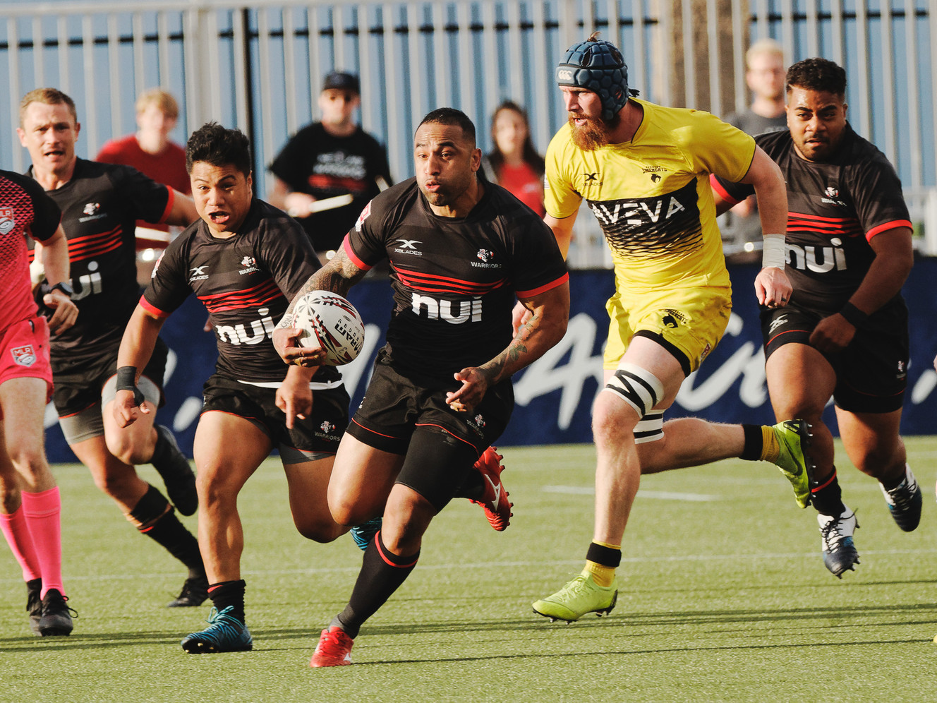 Warriors' left wing Fetu'u Vainikolo takes the ball upfield at 10 minutes until full time, Saturday, June 1, 2019. (Photo: Davey Wilson, Utah Warriors)