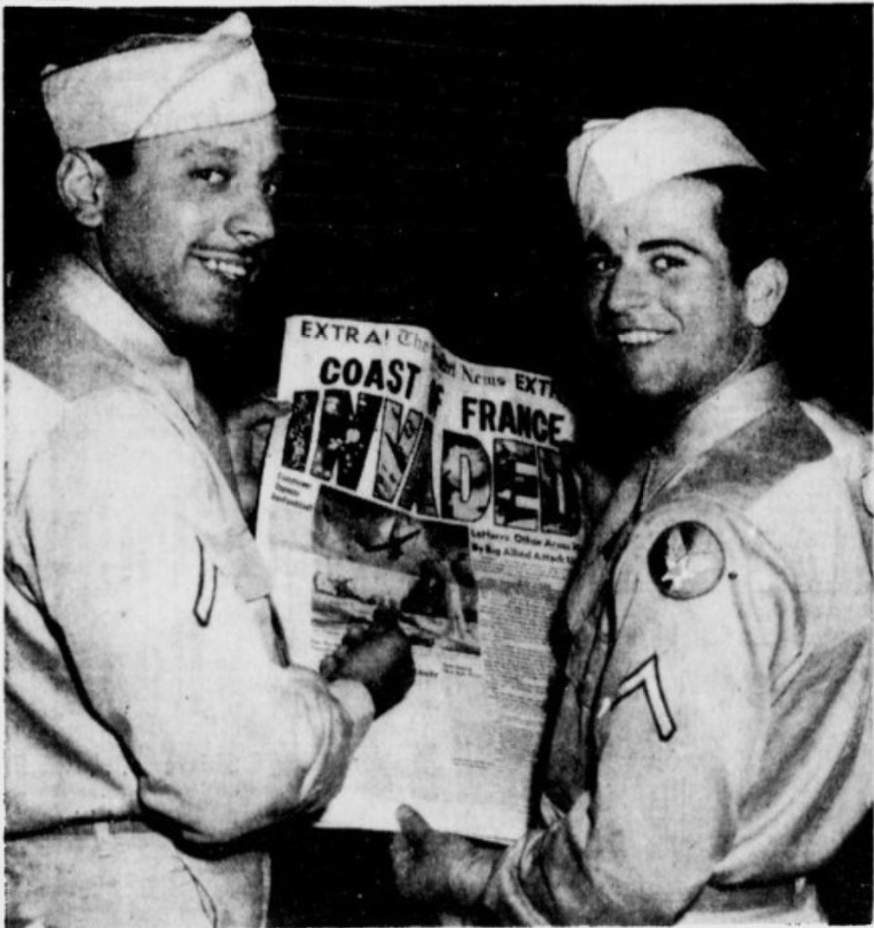 Christie Russo, of Brooklyn, New York, and Tony Masterofrancesco, of Pittsburgh, who were both stationed in Utah grin after picking up a copy of the Deseret News' first invasion extra that went to press at 4 a.m. on June 6, 1944. (Photo: Deseret News Archives)