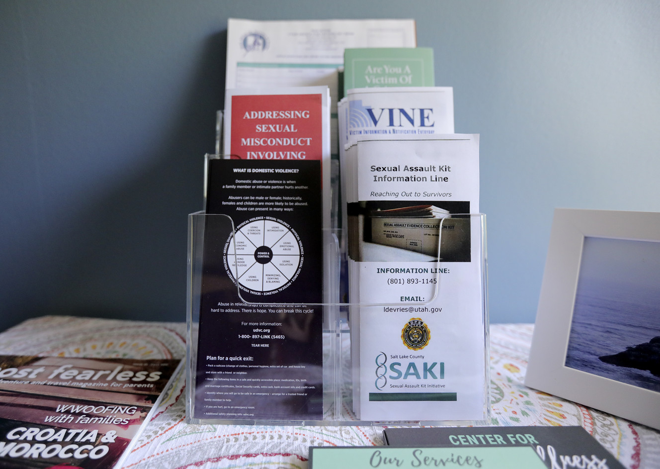 Pamphlets available in victim's advocate Jamie Justice's office at the Utah's Department of Public Safety in Salt Lake City are pictured on Tuesday, June 4, 2019. (Photo: Kristin Murphy, KSL)