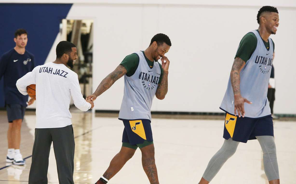 Marcus Foster and Justin Patton leave the court after the Utah Jazz mini-camp at Zions bank basketball campus in Salt Lake City on Wednesday, June 5, 2019. (Jeffrey D. Allred, KSL)