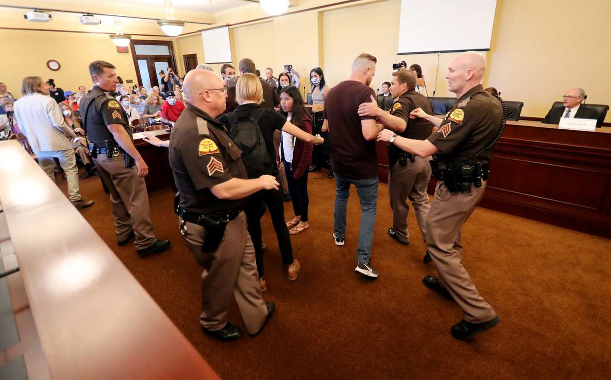 Protesters disrupt a Utah Inland Port Authority board meeting at the Capitol in Salt Lake City on Wednesday, June 5, 2019. (Photo: Scott G Winterton, KSL)