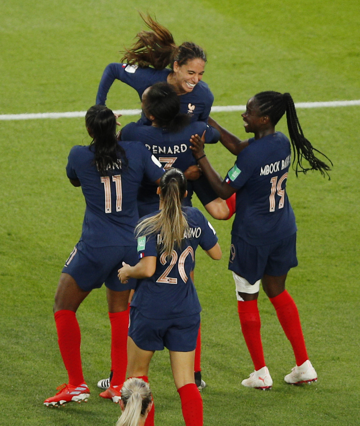 France's Wendie Renard, center, celebrates with her teammates after scoring her side's third goal, during the Women's World Cup Group A soccer match at the Parc des Princes in Paris, Friday, June 7, 2019. (Photo: Francois Mori, AP)