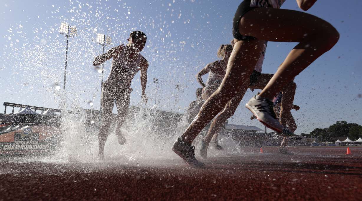 Runners, including BYU's Erica Birk-Jarvis (center), compete in the women's 3,000-meter steeplechase during the NCAA outdoor track and field championships in Austin, Texas, Saturday, June 8, 2019. (Photo: Eric Gay, AP)