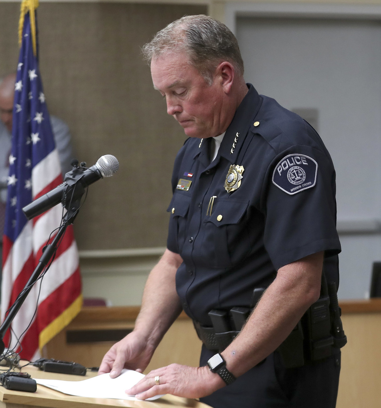 Former Woods Cross Police Chief Chad Soffe speaks during a press conference June 10, 2019. Two weeks after the city said Soffe had retired, documents show the chief was asked to resign amid allegations of improper use of department funds.