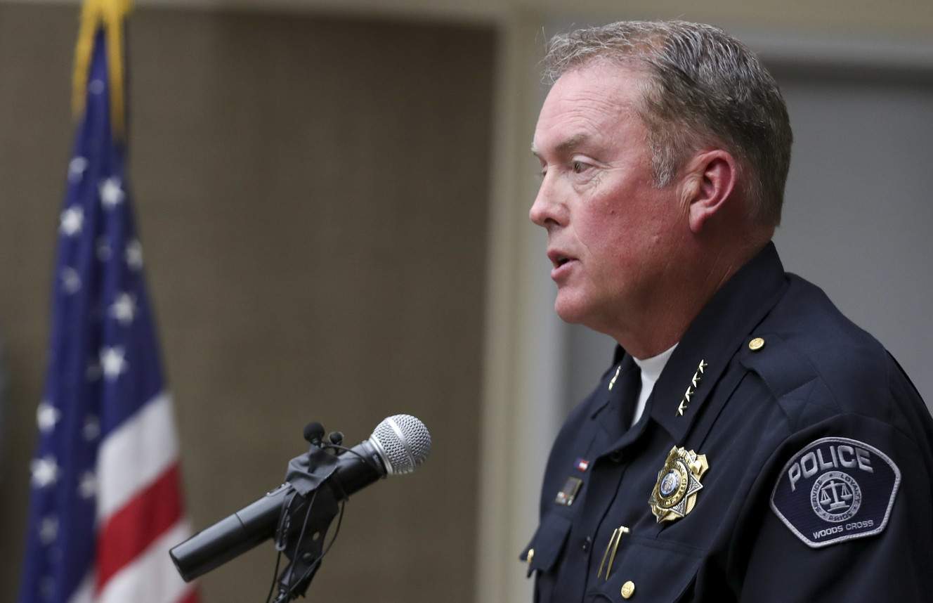 Former Woods Cross Police Chief Chad Soffe speaks at a press conference on June 10, 2019. Weeks after Woods Cross announced Soffe had been placed on administrative leave, the city now says he has retired, but gave no explanation.