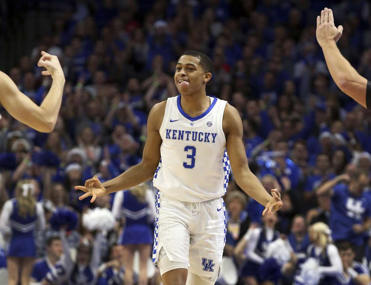 Kentucky's Keldon Johnson (3) celebrates a three-point shot during the first half of an NCAA college basketball game against Utah in Lexington, Ky., Saturday, Dec. 15, 2018. (Photo: James Crisp, AP Photo, File)